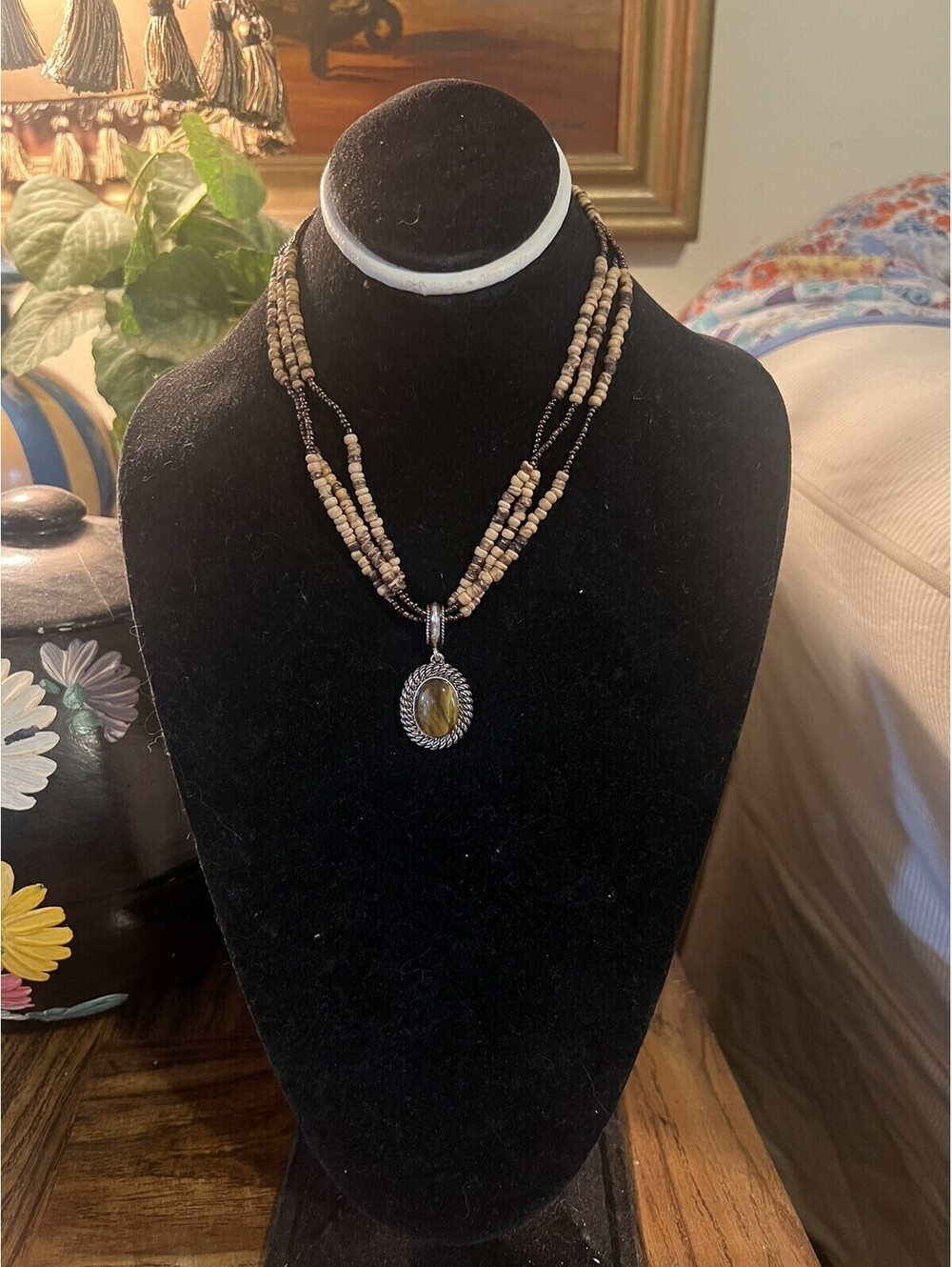 Avon Necklace Triple Strand Tigers Eye and Wood Bead Pendant Brown 15"